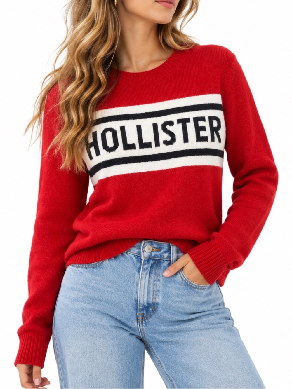 NWT Hollister Red Logo Crewneck Sweater M Varsity Preppy Knit